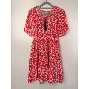 VOY Floral Boho Tiered Dress NWOT Large White Red Tassel Tie Peasant Mini